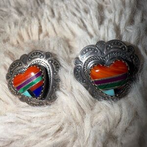 Native American‎ Zuni Sterling Earrings Signed QT Turquoise Heart Shaped Inlay